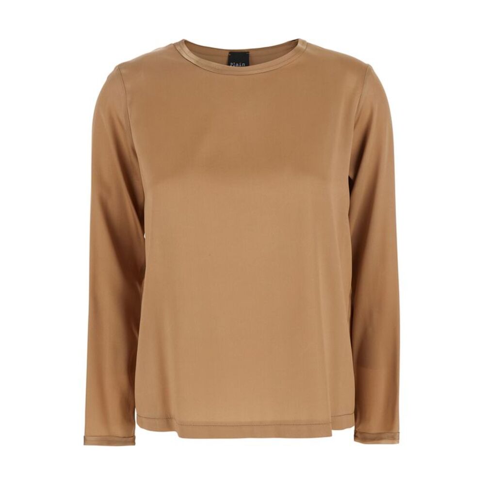 Plain Women Brown Silk Long Sleeve Blouse For Women
